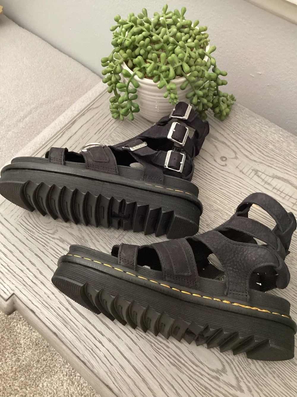 Dr. Martens Black Suede Buckle Platform Sandals